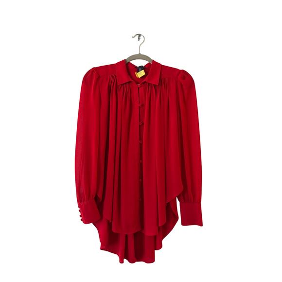 Amaryllis Pleated High-Low Button Front Blouse Size M/L Red Long Sleeve - Picture 1 of 9